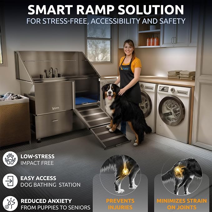 KANIS Professional Dog Washing Station 304 Stainless Steel Pet Wash Sink & Grooming Bathtub w/Shower, Floor Grates and Storage for Large, Medium & Small Pets (Silver, 50 Inches, Right Ramp, 2 Drawers)