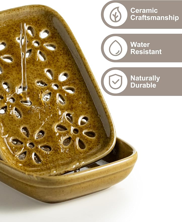 Miamolo 2 Layer Soap Dishes for Shower with Drainage, Keep Soap Bars Dry | Ceramic Bar Soap Holder, Self Draining Top, Removable Drip Tray Non-Slip, for Bathroom Kitchen Sink, Dishwasher Safe, Yellow