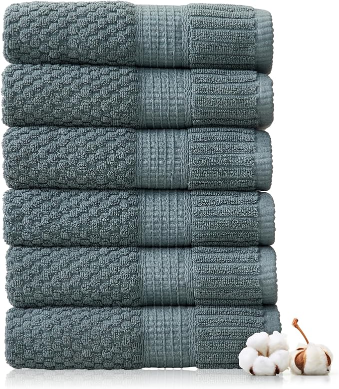 NY Loft 100% Cotton 6-Pack Hand Towel Set | Stormy | Oeko-TEX | Quick-Dry | Six 16" x 28" Hand Towels | Super Absorbent | Designer-Styled Texture