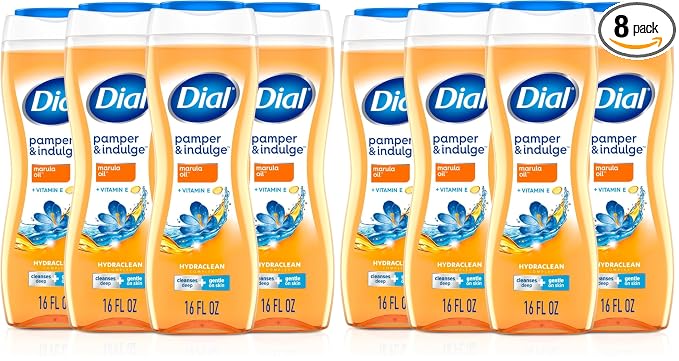 Dial Body Wash, Pamper & Indulge Marula Oil, 16 Fl Oz, Hydraclean Complex & Vitamin E, Gentle, Leaves Skin Feeling Nourished, Dermatologist-Tested, No Parabens & Sulfates (Pack of 8)