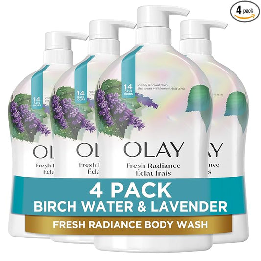 Olay Body Wash for Women, Fresh Radiance, Refreshing & Renewing, Made with Plant Based Cleansers, B3 Botanical Complex, For All Skin Types, Birch Water & Lavender Scent, 33 fl oz (Pack of 4)