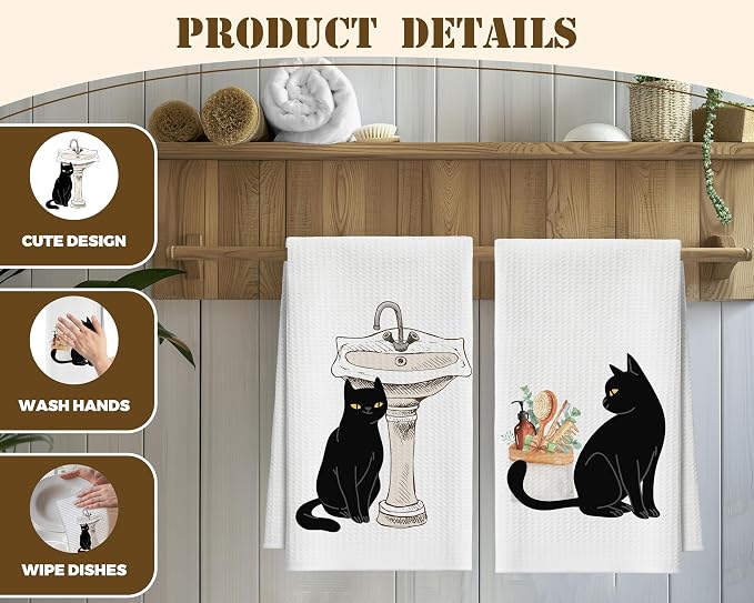 Bath Towels Set of 2, Cute Funny Black Cat Dish Towel for Bathroom Spa Kitchen, Decorative Hand Towels, Fast Drying Tea Towel, Housewarming Xmas Gifts for Cat Lover Women Mom -B27