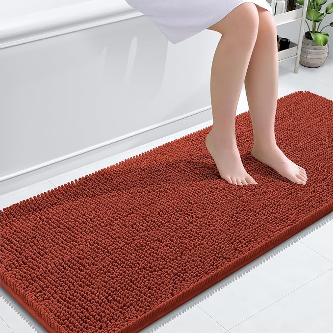 OLANLY Bathroom Runner Rugs 59x24, Soft Absorbent Chenille Bath Rugs, Rubber Backing Quick Dry, Machine Washable Long Bath Mats for Bathroom, Tub and Shower, Home Decor Accessories, Rustic Terracotta
