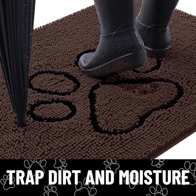Smiry Dog Door Mat for Muddy Paws, Absorbent Dirt Trapper Non Slip Quick Dry Washable Chenille Mat for Mud Dogs, Entry Rug for Indoor and Outdoor (47x24 Inches, Brown and Black)