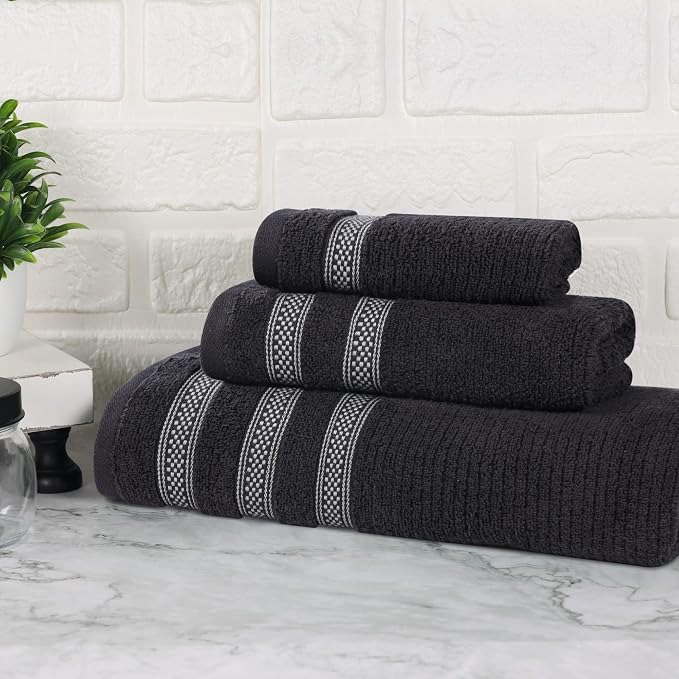 Superior Cotton 3-Piece Towel Set, Zero Twist, Ribbed Geometric, Bathroom Essentials, Shower, Spa, Luxury Plush Soft Absorbent Towels, Includes 1 Bath, 1 Hand, 1 Washcloth/Face Towel, Black