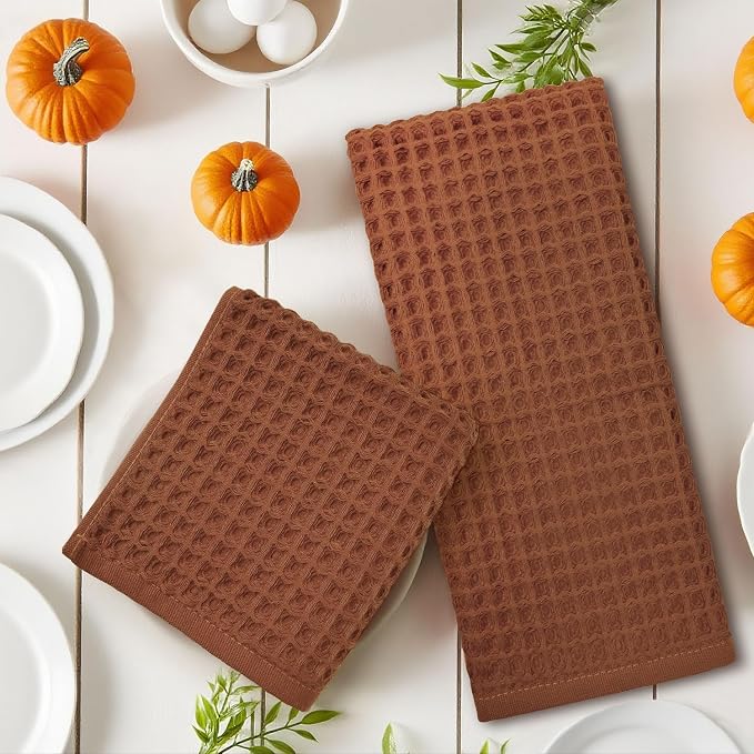 Jacquotha Waffle Hand Towels for Bathroom 5-Piece (Rust) - Cotton Quick Dry, Fall Kitchen Towels for Autumn Decor, 13” x 29”