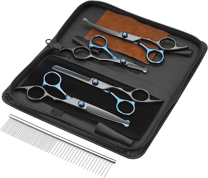 Dog Grooming Scissors Kit, Fcysy Professional Pet Shears for Cats at Home, Dog Grooming Tools with Curved & Straight Blades Scissors Thinning Shears Pet Supply Set
