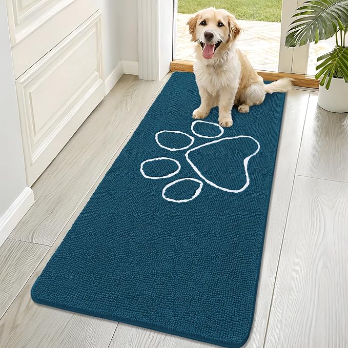 OLANLY Dog Door Mat for Muddy Paws 70x32, Paw Print Design, Absorbs Moisture and Dirt, Absorbent Non-Slip Washable Doormat, Quick Dry Chenille Mud Mat, Entry Indoor Entryway Carpet, Atlantic Blue