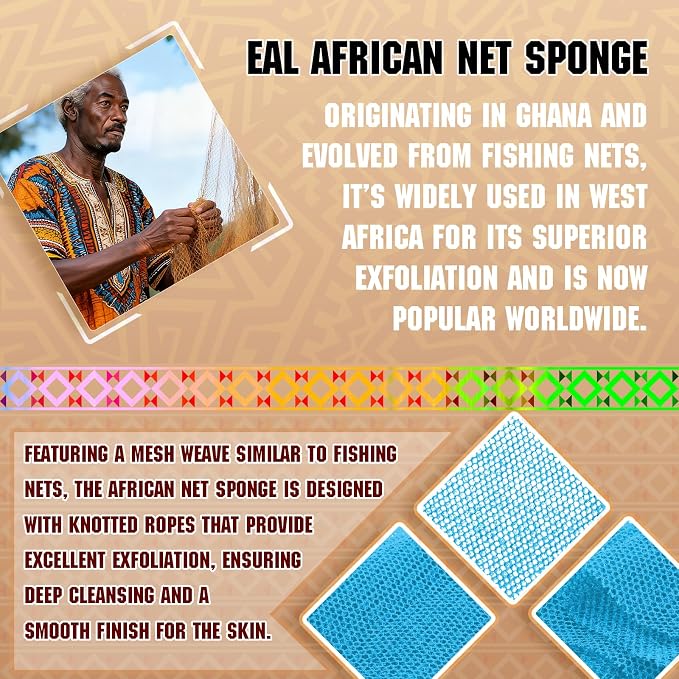 African Bath Sponge 4 Pieces - Net Exfoliator for Glowing Skin, Long-Lasting Nylon Mesh Scrubber, Gentle Enough for Daily Use (Orange, Blue, White, Purple)