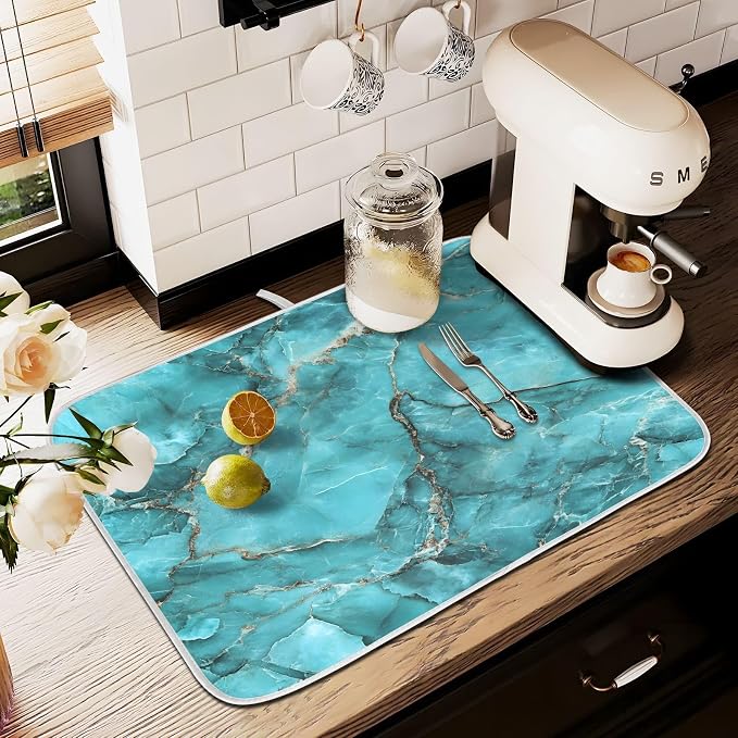 Teal Marble Pattern Dish Drying Mat, Absorbent Drainer Mats for Kitchen Counter Coffee Maker 24"x18"