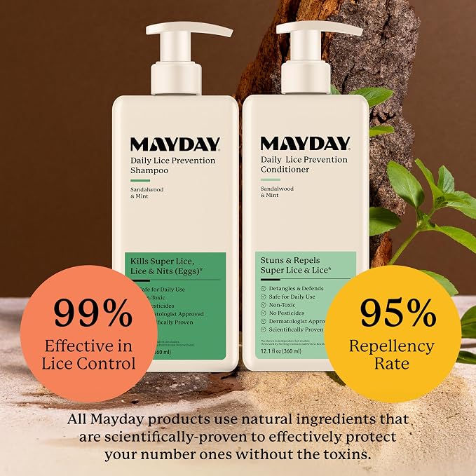 MAYDAY Lice Prevention Shampoo - Sandalwood & Mint - 12oz, Non-Toxic, Pesticide-Free, Scientifically Proven Defense Against Lice & Nits, Shampoo for Adults & Kids, Safe for All Hair Types