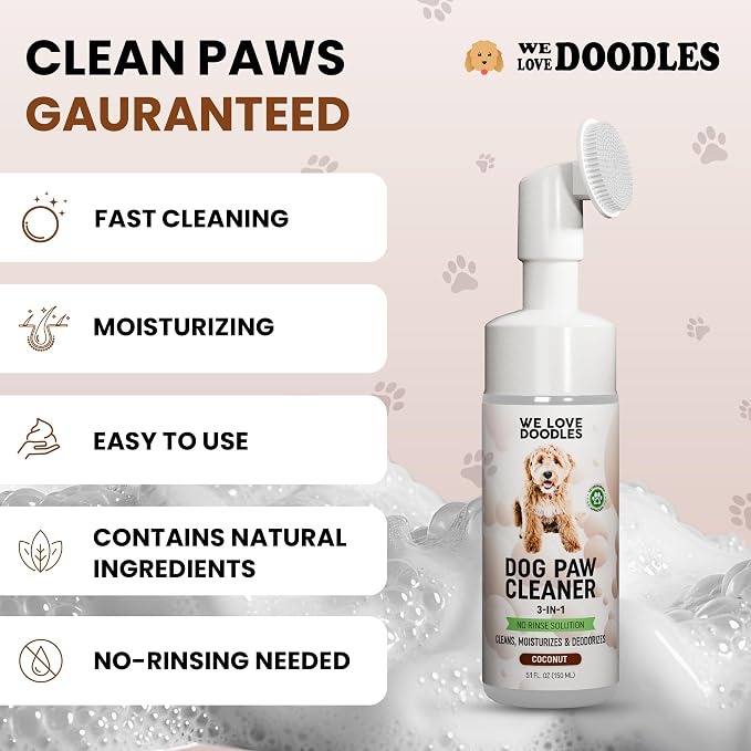 We Love Doodles No-Rinse Dog Paw Cleaner with Built-in Silicone Bristle Brush | 3-in-1 Dirty Paw Washer Foaming Foot Cleaner for Muddy Pet Dogs & Cats | Gentle Waterless Shampoo - Coconut | 5 fl oz