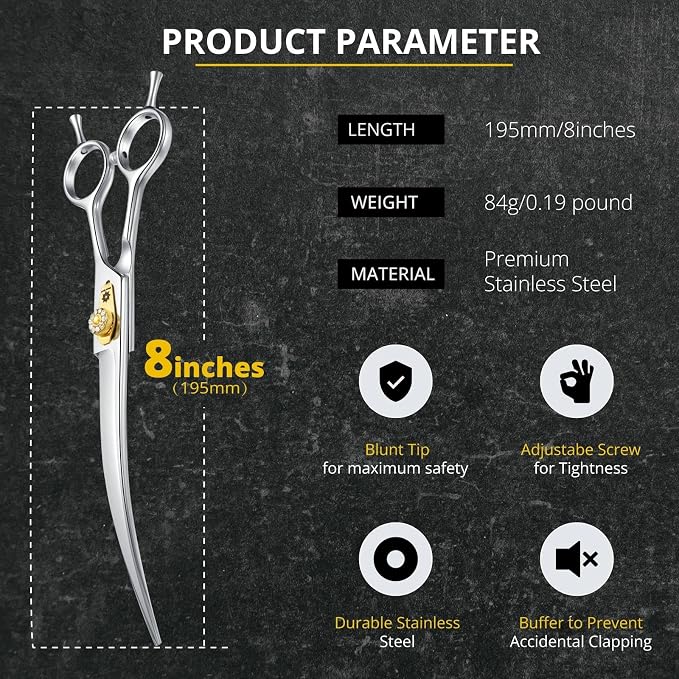 Dream Reach Curved Dog Scissors - 8 Inch Professional Pet Grooming Shears with Adjustable Screw, Curved Shears for Trimming Face and Paws