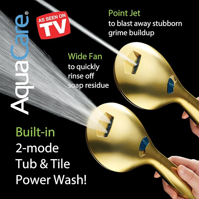 AquaCare Seen-On-TV High Pressure 8-mode Handheld Shower Head - 2-mode Power Wash to Clean Tub, Tile & Pets, Stay-Clean Nozzles, Extra Long 6 ft. Stainless Steel Hose, Wall & Overhead Brackets, Gold