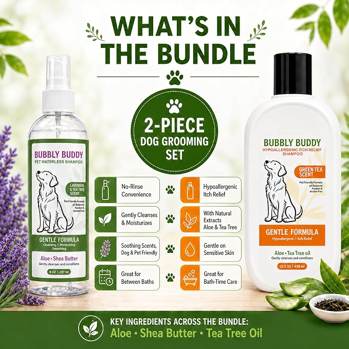 Dog Shampoo Set, Waterless Dog Shampoo Spray 8 oz Lavender & Tea Tree Scent + Hypoallergenic Itch Relief Shampoo 15.5 oz Green Tea Scent, No Rinse Dog Shampoo & Sensitive Skin Care Set