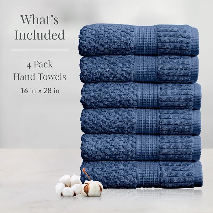 NY Loft 100% Cotton 6-Pack Hand Towel Set | Navy | Oeko-TEX | Quick-Dry | Six 16" x 28" Hand Towels | Super Absorbent | Designer-Styled Texture