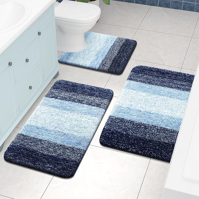 Arotive Microfiber Bathroom Rugs, Shaggy Soft and Absorbent Contour Toilet Rugs, Thick Plush Machine Washable Dry Bath Mats for Toilet Base, 20x20, Blue, U-Shape
