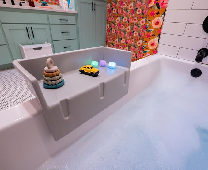 Tub Topper Mini Bathtub Splash Guard & Bath Shelf for Kids - Toy Tray, Gray | Toddler Storage Ledge, Patented Lip Design, Non-Silicone, BPA-Free, Easy to Remove & Clean, Made in USA