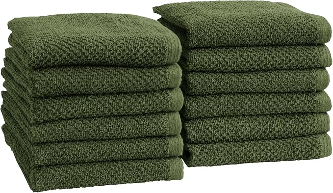 Great Bay Home 100% Cotton 12-Pack 13x13 Wash Cloth - Absorbent, Quick-Drying, Durable Face Towels for Bathroom Decor - Low-Twist, Two-Ply Fibers (Forest Green)