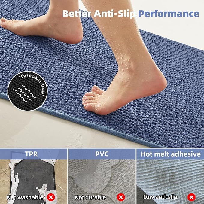 TYUU Bathroom Rugs Non Slip Washable, Super Absorbent Thin Bath Mat Small Quick Dry Low Pile Bathroom Rug, Denim Blue 16"x24"