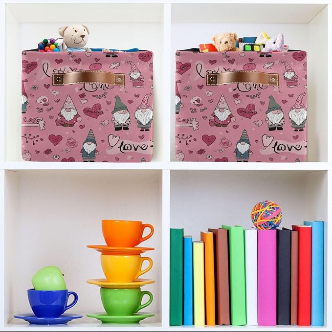Happy Valentines Day Pink Storage Basket with Waterproof Liner and PU Handles Love Gnome Flowers Gift Storage Bins Boxes 14.2" Collapsible Decorative Organizer Baskets for Bedroom Closet Office 2 Pack