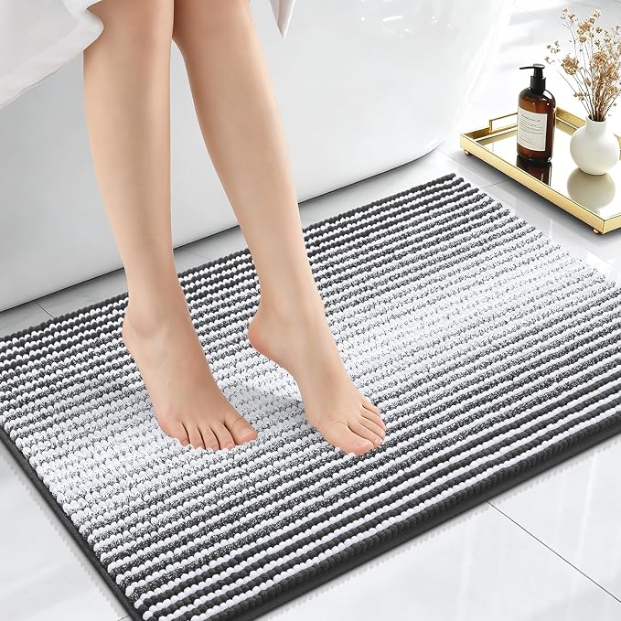 OLANLY Small Bathroom Rugs 24x16, Extra Soft Absorbent Chenille Striped Bath Rugs, Rubber Backing, Machine Wash Dry, Bath Mats for Bathroom Floor, Tub and Shower, Home Decor Accessories, Dark Grey