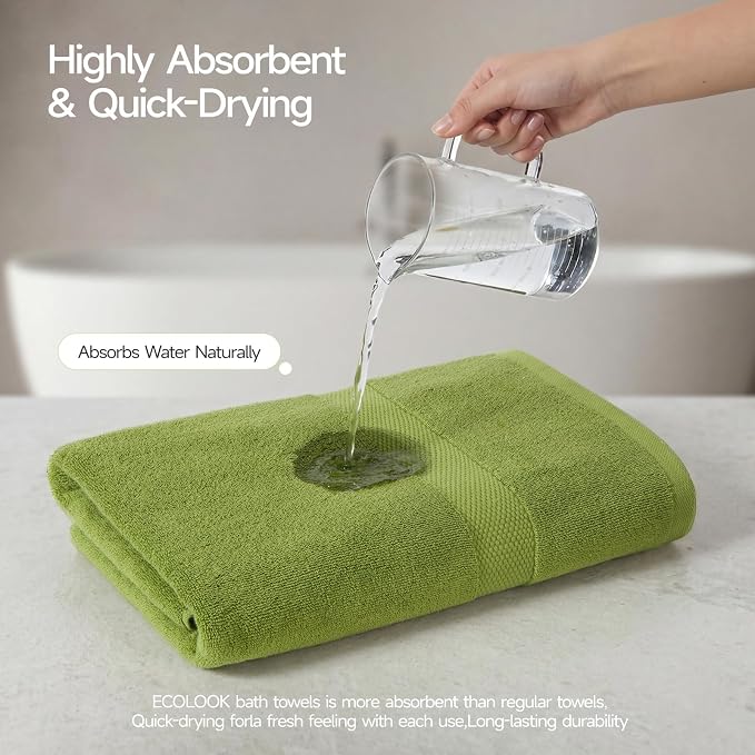 ecolook 2 Pack 100% Cotton Bath Towels, 28 x 55 Inches, Soft | Lightweight, Highly Absorbent & Quick Dry Body Towels for Bathroom, Shower, Gym & Daily Use, Green