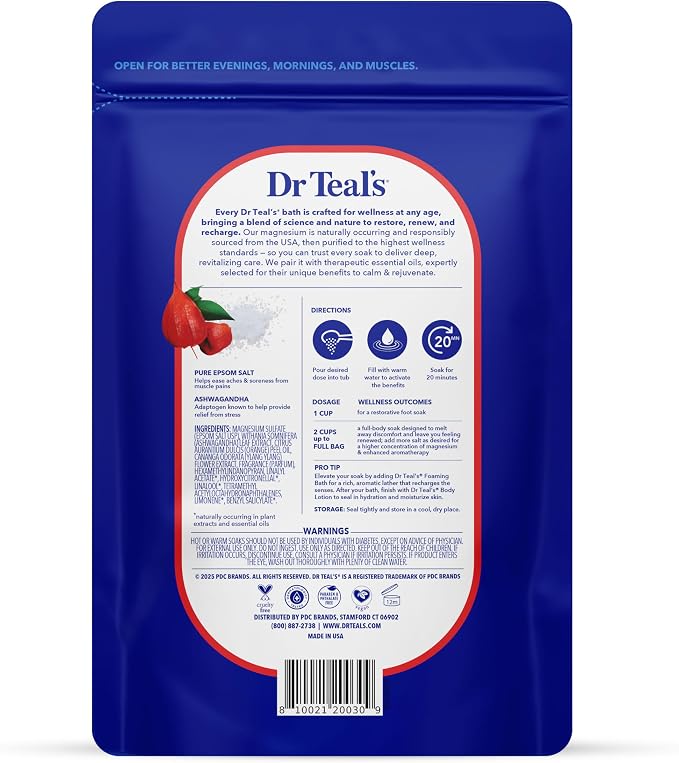 Dr Teal's Epsom Salt Magnesium Soak, Ashwagandha & Essential Oils, 3 lbs (Pack of 4)