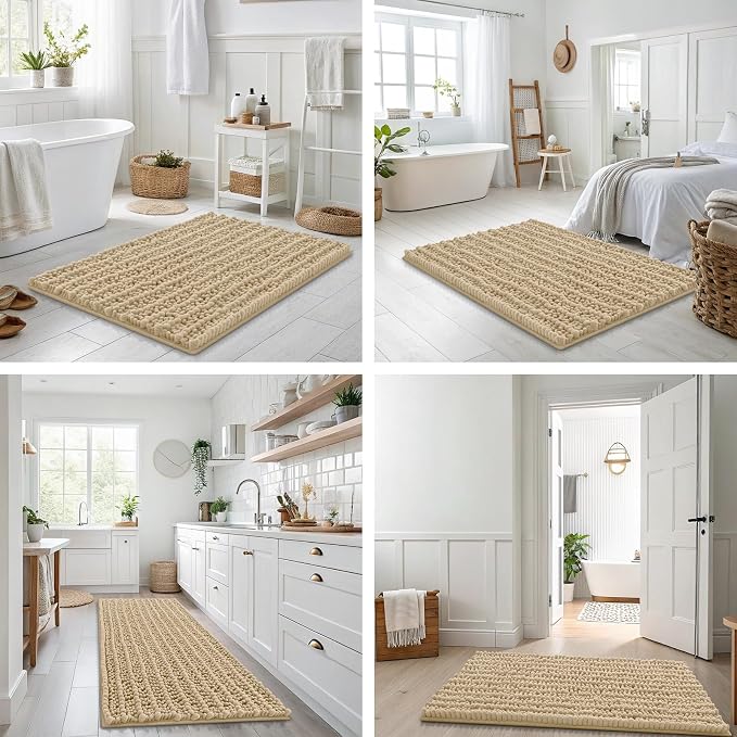 Smiry Bathroom Rugs Mat 71x47, Extra Soft Absorbent Chenille Bath Rugs, Non Slip Rubber Backing Machine Washable Quick Dry Bath Mats for Bathroom Floor, Tub, Shower, Home Decor Accessories, Beige