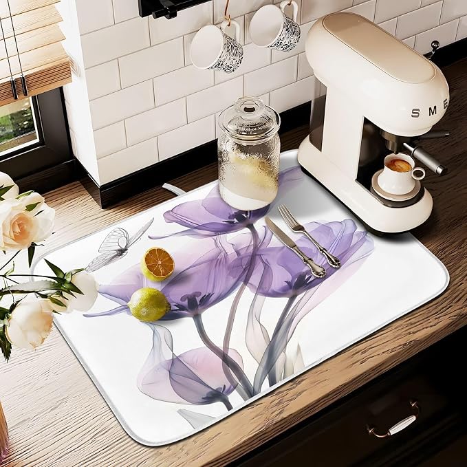 Purple Tulips Flower Dish Drying Mats for Kitchen Counter Small Drying Mat for Dishes Microfiber Dish Rack Mat Drainer Pad Washable Foldable Ultra Absorbent Dry Mat 18"x16"