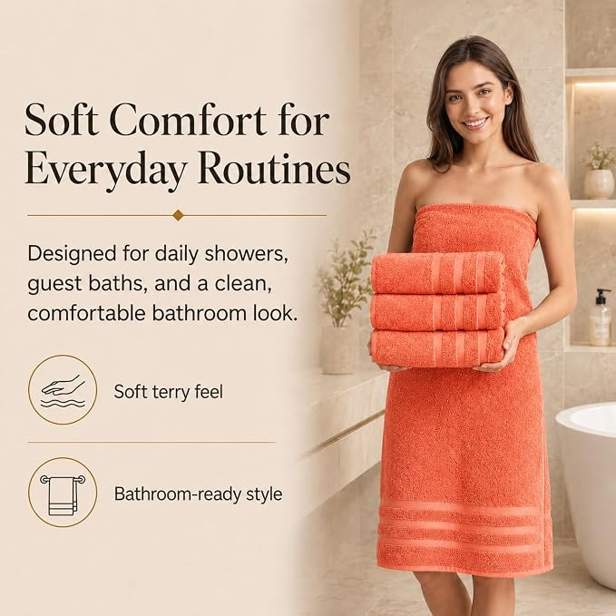 Velqora Bath Towels, 4 Pack, 30x60 in, 100% Cotton, Soft & Absorbent, Coral | Balanced Weight | Everyday Comfort | Easy Care