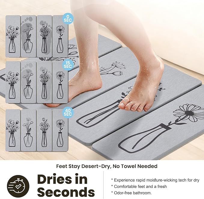 Foldable Stone Bath Mat - 24x16 Inch, Super Absorbent Diatomaceous Earth Large Gray and Black Floral Modern Stone Bath Mats for Bathroom Decor Quick Dry Non-Slip Shower & Bathtub & Drying Mat