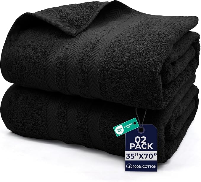 DAN RIVER 2 Pack Bath Sheets Extra Large 35x70, Large Bath Towels for Adults, XL Oversized Heavy Duty Towel Set, 600 GSM 100% Ring Spun Cotton, Soft Quick Dry, Black