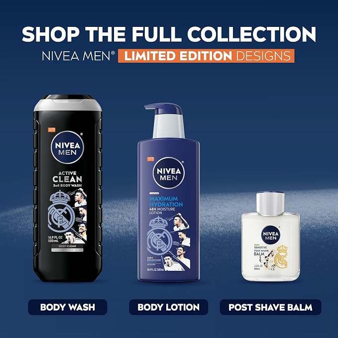 NIVEA MEN Real Madrid Limited Edition Design Active Clean Body Wash with Natural Charcoal for Normal to Oily Skin, 3-in-1 Charcoal Body Wash, Face and Hair, 16.9 Fl Oz Bottle, Pack of 3