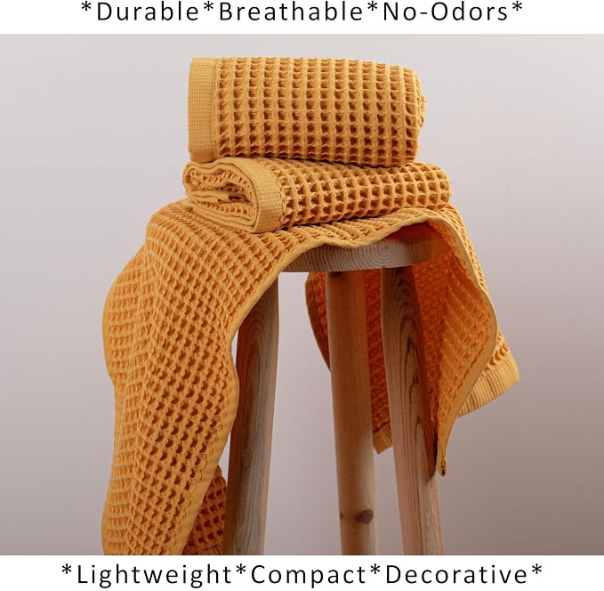 PÜSKÜL Natural 100% Turkish Cotton Waffle Kitchen Towels Set of 3 | Oeko-Tex, Premium Waffle Hand Towels for Bathroom | Soft Absorbent Quick-Dry Lint-Free Dish Towel Large 32x16 in (3, Mustrad Yellow)