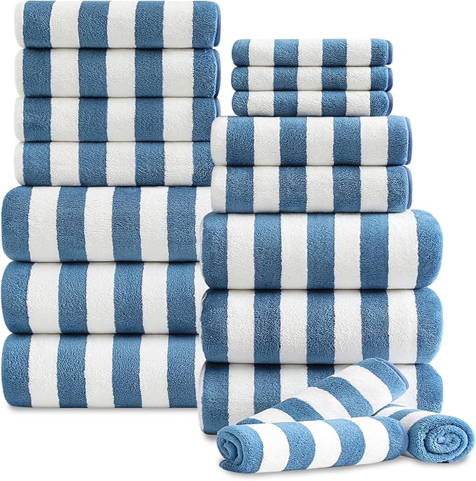 18 Pcs Navy Stripe Bath Towel Set with Hanging Loop-6 Bath Towels,6 Hand Towels,6 Washcloths Soft Family Towels Set Bathroom Towel Highly Absorbent Quick Dry Shower Towel for Beach Spa Gym Hotel