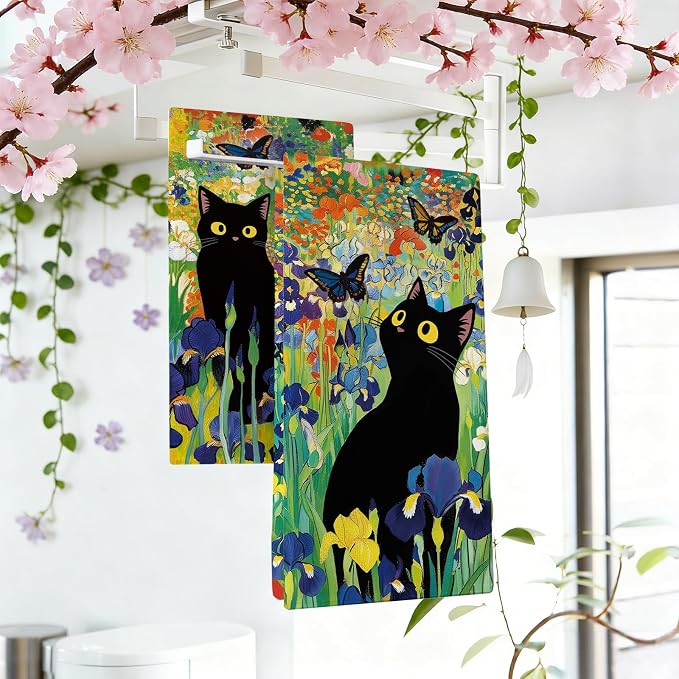 Spring Summer Black Cat Floral Kitchen Dish Towels Set of 2, Iris Flower Butterfly Drying Hand Towel Baking Cooking Cloth, Wildflower Bathroom Home Decoration Pet Cat Owner Lover Gift 18''x26''