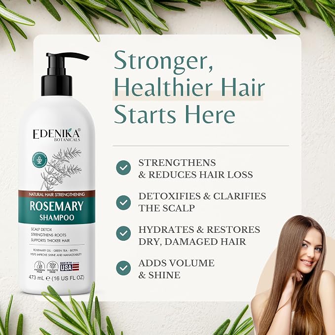 Edenika Botanicals Rosemary Oil Shampoo with Biotin for Thinning Hair & Anti-Hair Loss, Strengthening Botanical Formula, Women & Men, Sulfate-Free, Organic, 16 fl oz