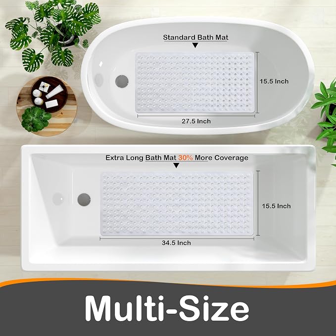 Yimobra Bathtub Mat Non Slip, 34.5"X15.5" Long Shower Mat for Inside Shower, Machine Washable Bath Mat with Drain Holes & Strong Suction Cups, Soft on Feet, Bathroom Essentials, White