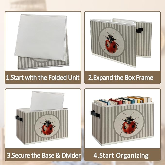 Kids Nursery Ladybug Foldable Storage Bins Box with Handles, Neutral Striped Ladybug Insect Collapsible Organizer Basket for Kids Bedroom Bathroom Playroom Clothes Books