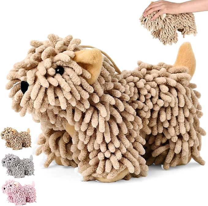 Tegeme 1 Pcs Chenille Dog Hand Towel Fuzzy Towel Absorbent Microfiber Soft for Bathroom Kitchen Washstand (Brown,Standing Dog)
