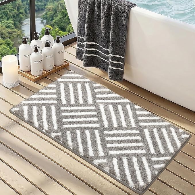 ORTIGIA Striped Gray Bathroom Rugs Non Slip Washable, 20x30 Quick Dry Absorbent Soft Plush Microfiber Bath Mats, Bath Rugs for Bathroom Floor Carpet for Sink Bedroom