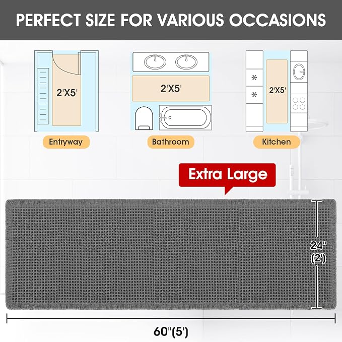 ACCUMTEK Extra Large Waffle Bath Mat, 5'x2' Grey, Super Absorbent Non-Slip Quick Dry Bathroom Rugs with Tassels, Machine Washable Ultra Soft Boho Bath Rugs for Floor, Toilet Mats Boho Farmhouse Decor
