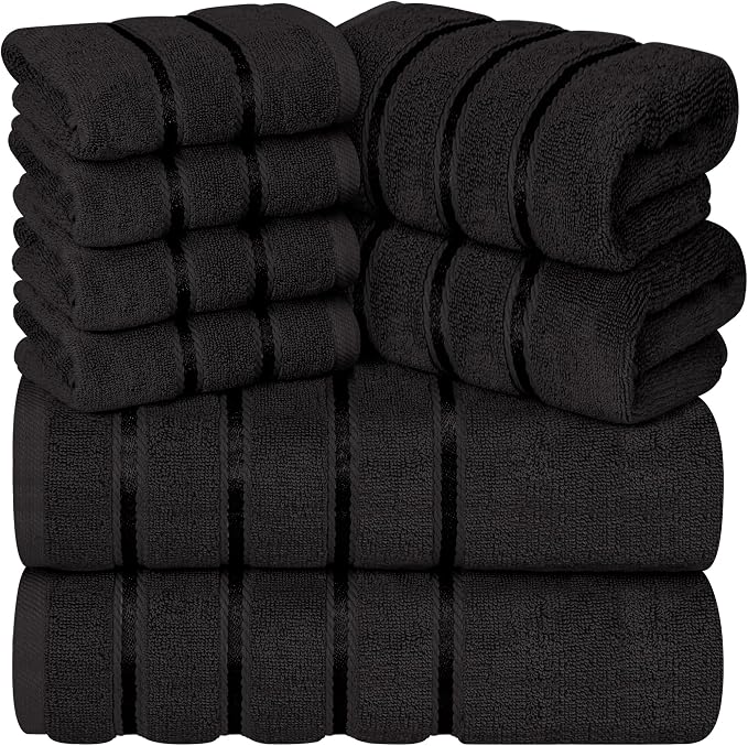Luxury Towels for Bathroom Set of 8-2 Bath Towels 2 Hand Towels 4 Washcloths - 600 GSM 100% Cotton Ring Spun Viscose Border Towels Set - Black