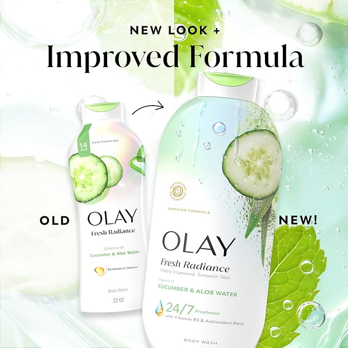 Olay Body Wash for Women, Fresh Radiance, 24/7 Skin-Loving Freshness, Visibly Radiant, Plant Based Cleansers, Vitamin B3 & Antioxidant Blend, For All Skin Types, Cucumber & Aloe Water Scent, 22 fl oz