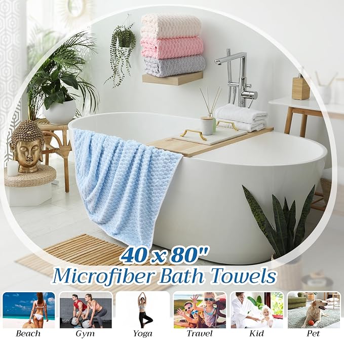Peryiter 4 Pcs Oversized Bath Towels 40 x 80 Inch Extra Large Pink Blue Beige Gray Bath Sheets for Adults Jumbo Microfiber Towel Coral Velvet Highly Absorbent Bathroom Towels for Adults Home Beach