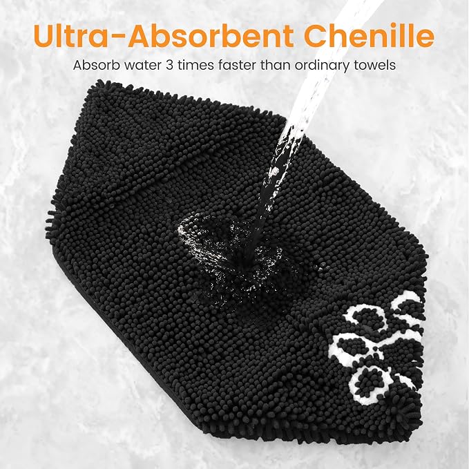 Smiry Chenille Dog Drying Towel, Extra Absorbent Bath Towel for Mud Dogs, Ultra Soft Quick Dry Pet Wash Mitt for Bathing, Grooming and Post-Walk Cleaning (31x13 Inches, Black)