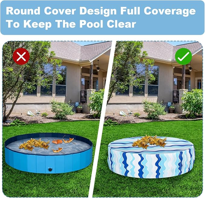 Foldable Round Dog Swimming Pool Cover, for 32"/48"/63" Collapsible Outdoor Tub,PVC Coating Waterproof and UV Protection (S-32 * 8 inch, Blue Stripes)