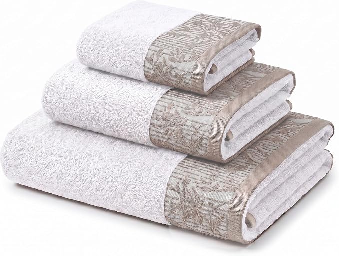 Superior Floral Jaquard Cotton Bathroom Towels, 3pc Towel Set, White | Soft Absorbent Quick Dry Terry Weave, Hotel Quality, Wisteria Towels Includes 1 Bath Towel, 1 Hand Towel, 1 Face Washcloth