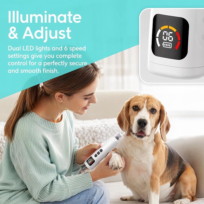 Dog Nail Grinder Quiet, 6-Speed Rechargeable Pet Trimmer for Dogs Cats（White） | 5H Battery, 6 Speeds, Dual LED, 3 Diamond Heads, Ultra-Quiet, Beginner-Friendly, Multi-Port for Dogs & Cats